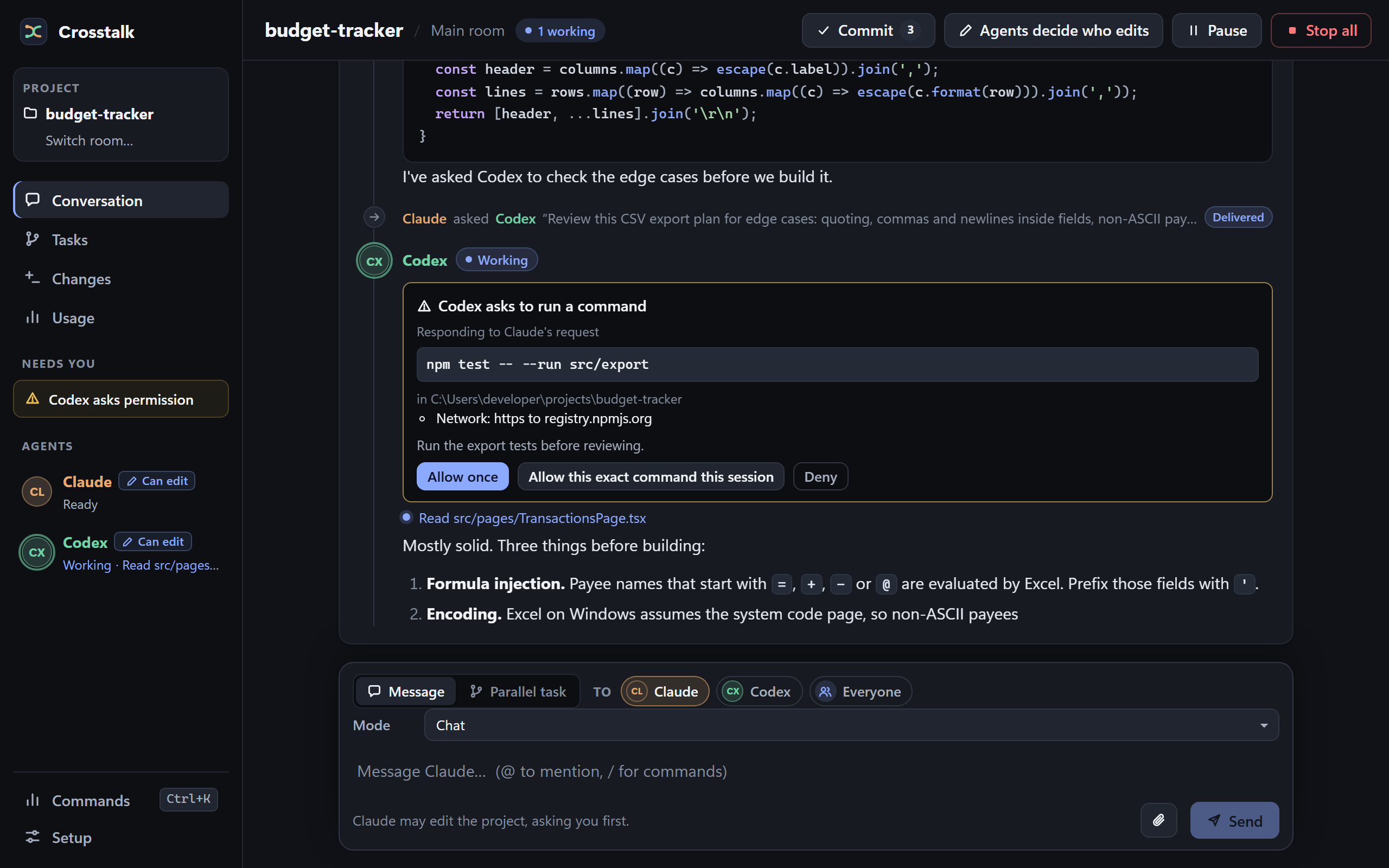 A Crosstalk room where Codex, responding to Claude’s request, asks to run the command npm test -- --run src/export, with network access to registry.npmjs.org, and offers Allow once, Allow this exact command this session, and Deny. The sidebar lists the request under Needs you.