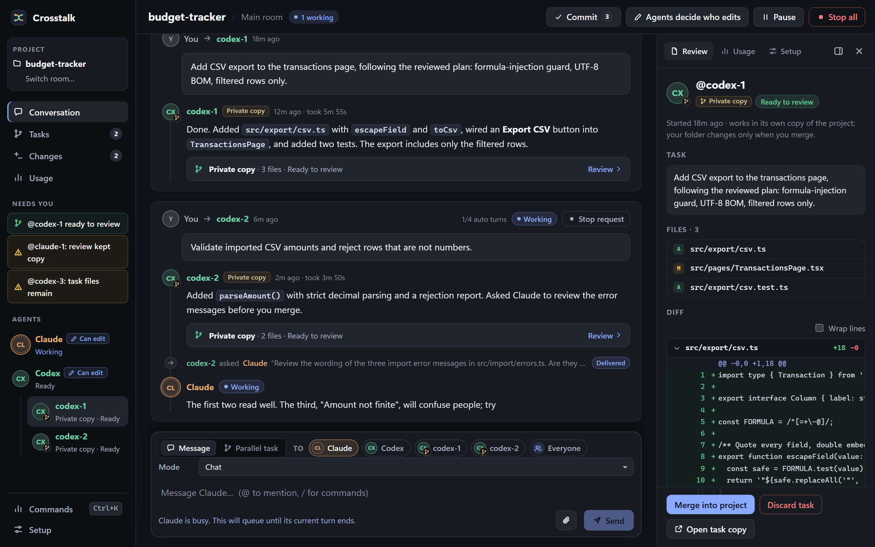 Crosstalk with parallel tasks on sample data. The task codex-1 finished CSV export in its private copy and is ready to review, and codex-2 asked Claude to review its error messages. The Review panel on the right shows codex-1’s task, its three files and the diff of src/export/csv.ts, with Merge into project and Discard task buttons.